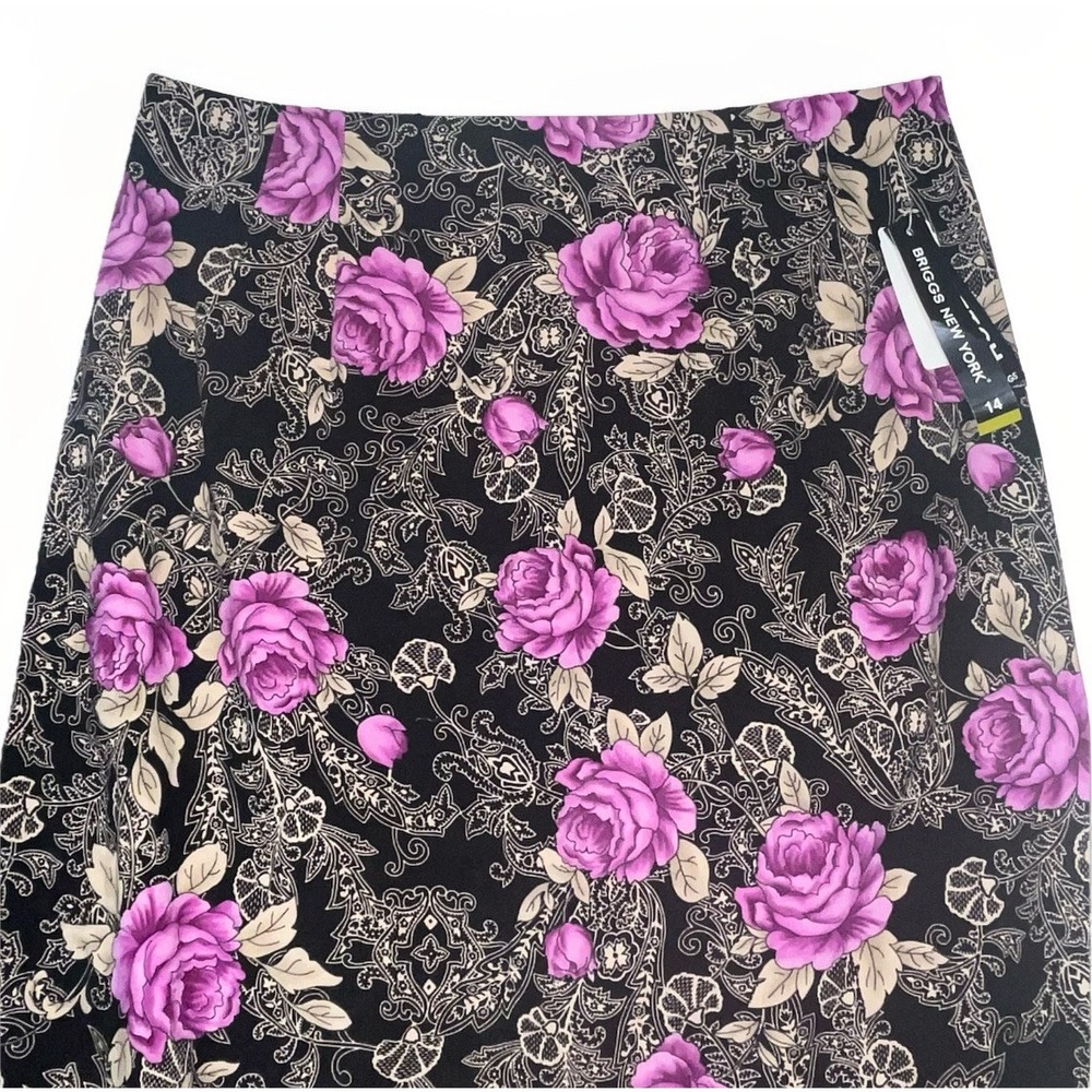 Briggs New York Black Floral Skirt Womens Size 14 Midi 90s Lavender Y2K VTG New